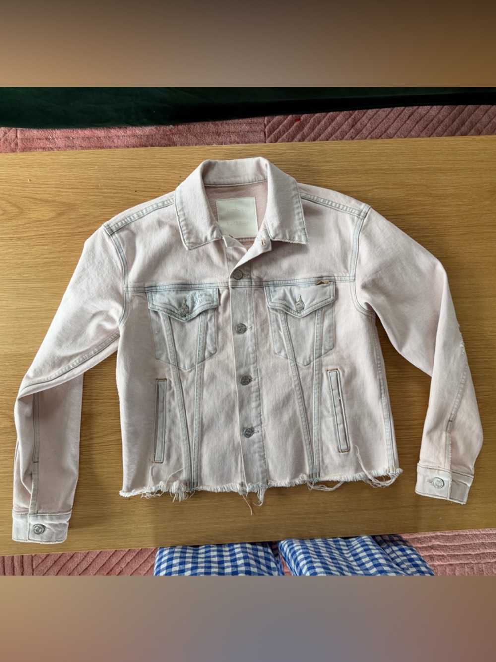 MOTHER Light Pink Distressed Denim Jacket size small